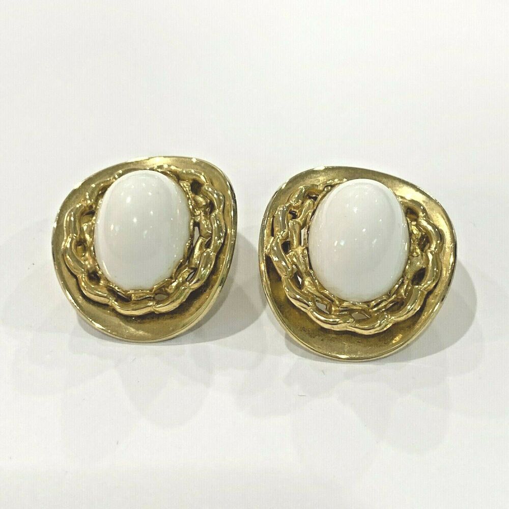 Vintage Clip On Earrings Gold Tone & White Lucite Mod Chunky Style 1980 Jewelry